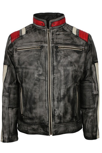 Men's distressed black sheepskin leather motorcycle jacket with stand-up collar