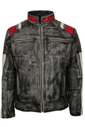 Men's distressed black sheepskin leather motorcycle jacket with stand-up collar