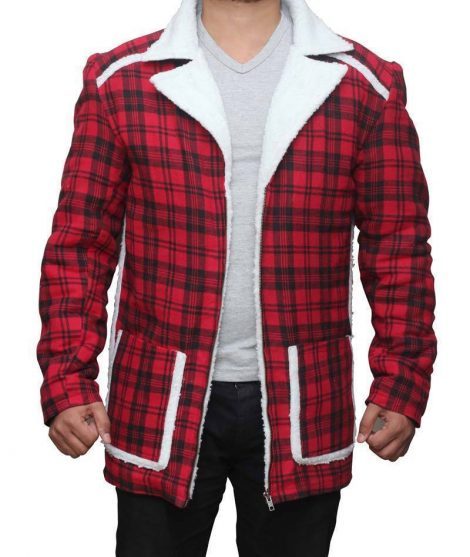Men's red flannel jacket with faux fur shearling collar
