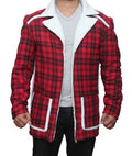 Men's red flannel jacket with faux fur shearling collar