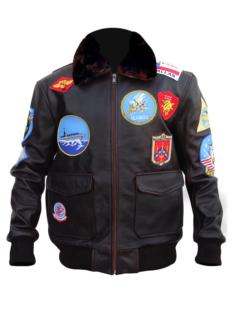 Top Gun Maverick dark brown leather bomber jacket for men with fur collar