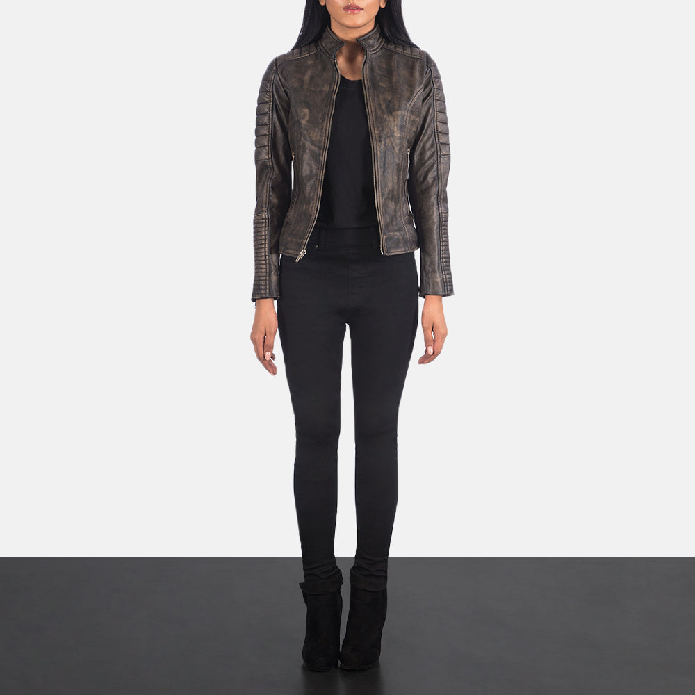 Carnoustie distressed brown biker jacket for women, photo 2