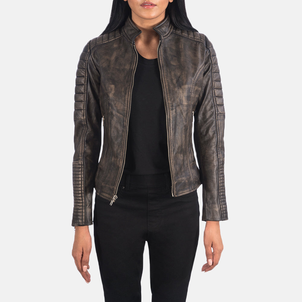 Carnoustie distressed brown biker jacket for women, photo 3