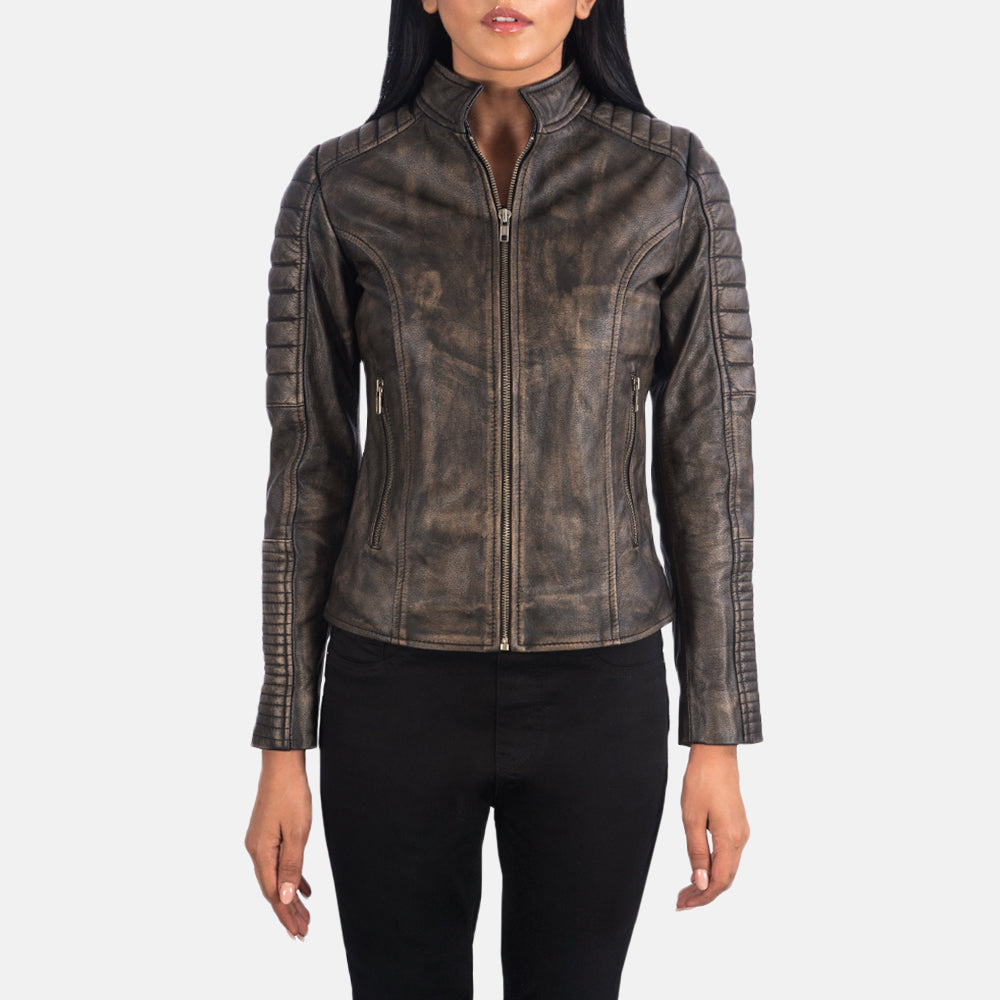 Carnoustie distressed brown biker jacket for women, photo 4