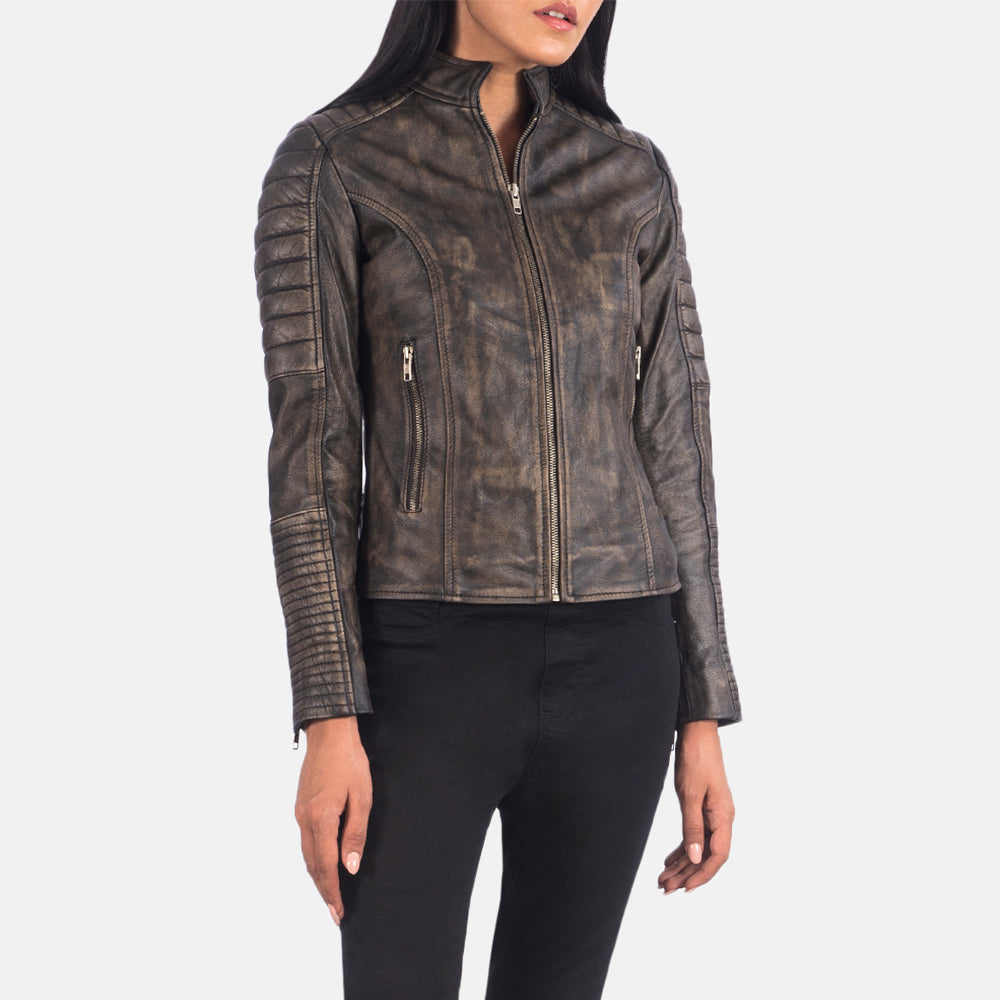 Carnoustie distressed brown leather biker jacket for women