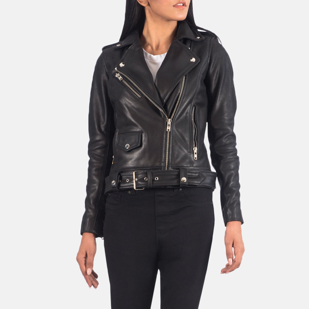 Bishopbriggs black cowhide leather biker jacket for women