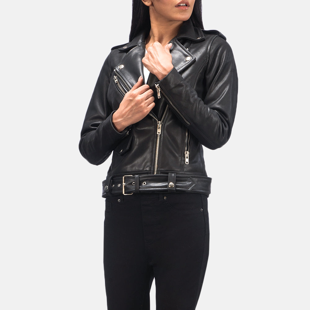 Bishopbriggs black cowhide biker jacket for women, photo 3