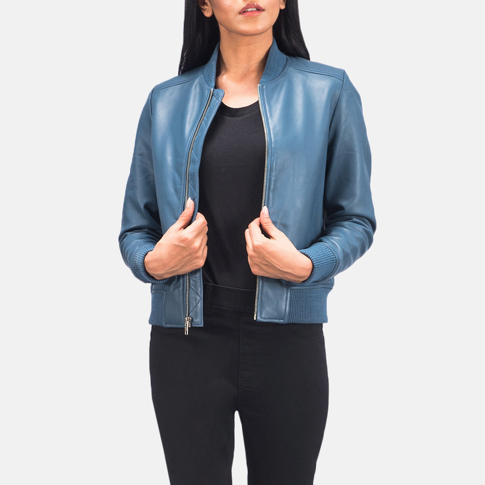 Annan blue sheepskin leather bomber jacket for women