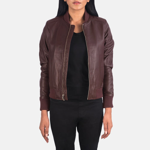Airdrie maroon sheepskin bomber jacket for women, photo 2