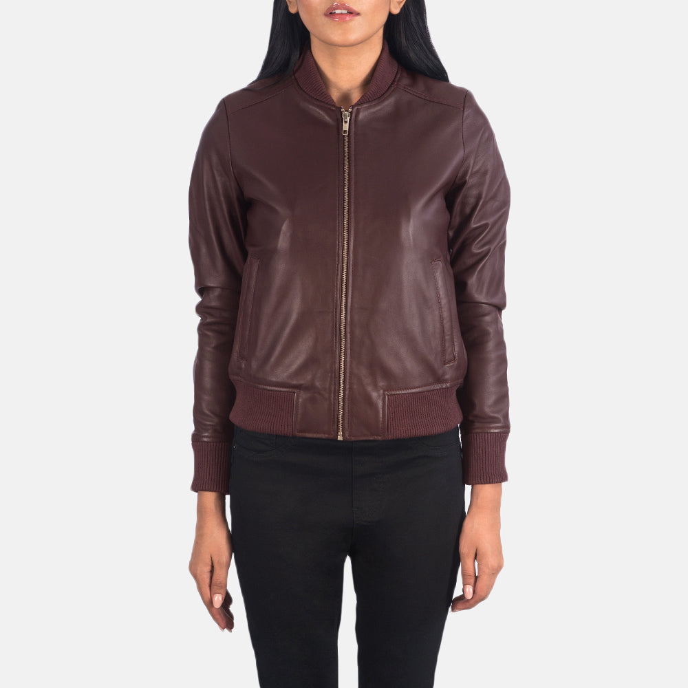 Airdrie maroon sheepskin bomber jacket for women, photo 3