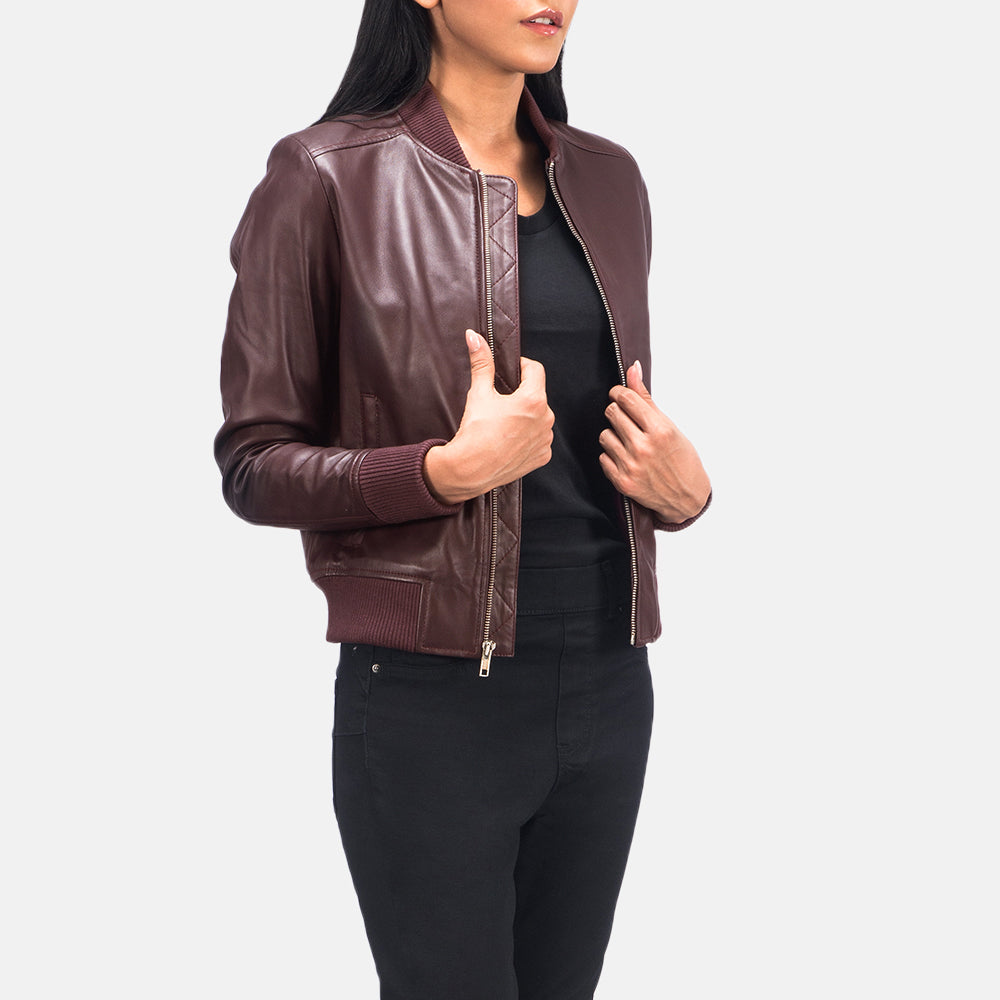 Airdrie maroon sheepskin leather bomber jacket for women