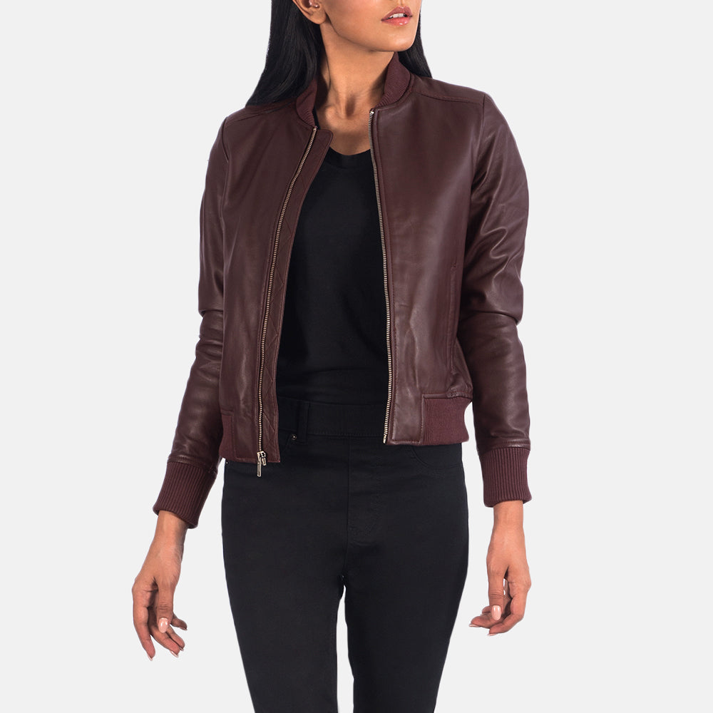 Airdrie maroon sheepskin bomber jacket for women, photo 5