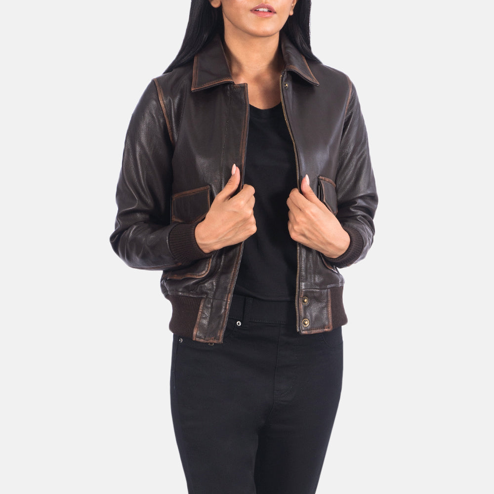 Bearsden brown goatskin leather bomber jacket for women