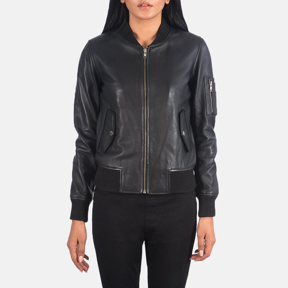 Dumfries black sheepskin leather bomber jacket for women