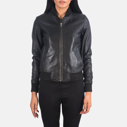 Aberdeen black sheepskin leather bomber jacket for women