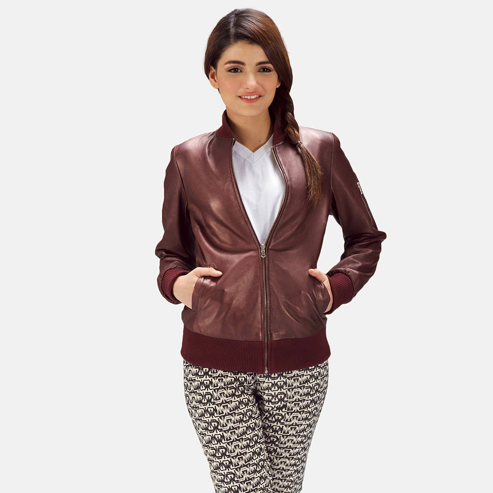 Nairn maroon sheepskin bomber jacket for women, photo 2
