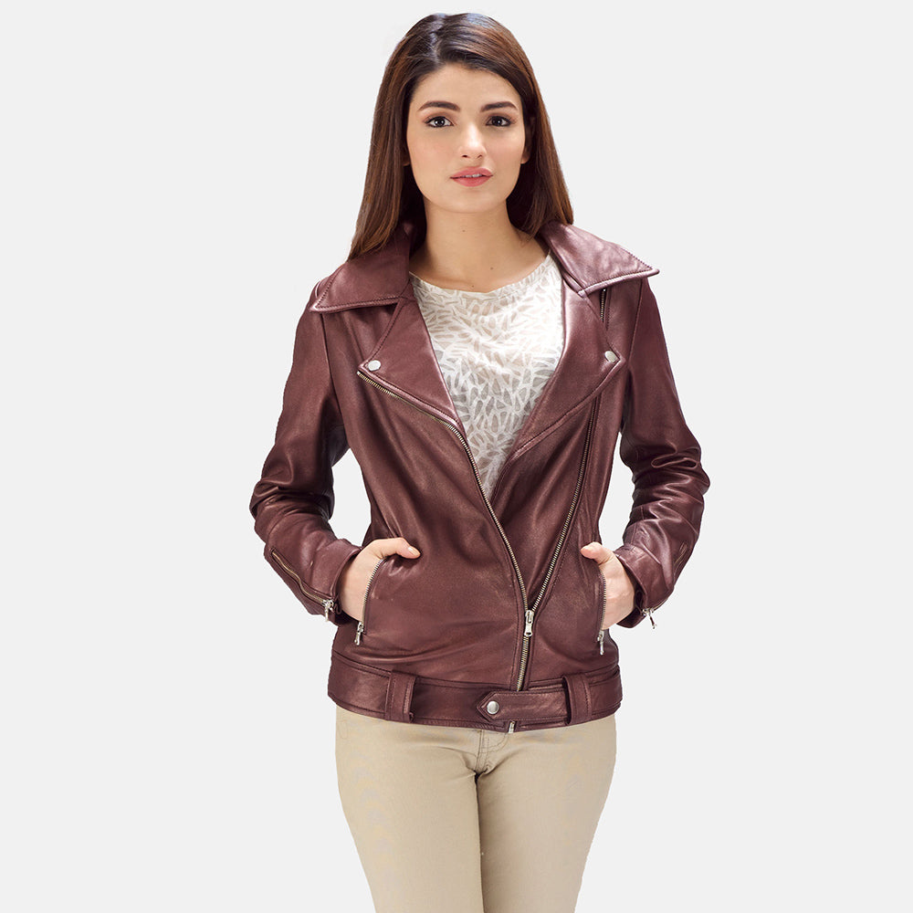 Elgin maroon sheepskin biker jacket for women, photo 2