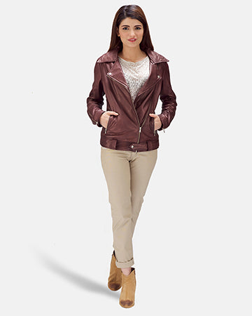 Elgin maroon sheepskin biker jacket for women, photo 7