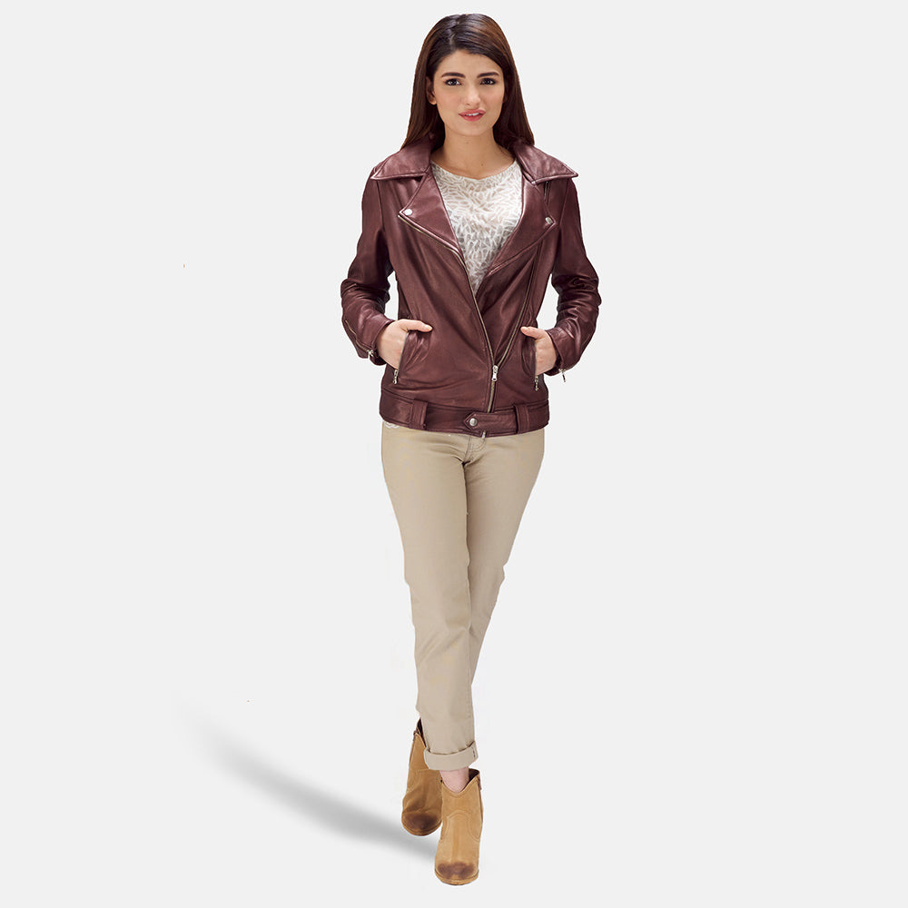 Elgin maroon sheepskin leather biker jacket for women