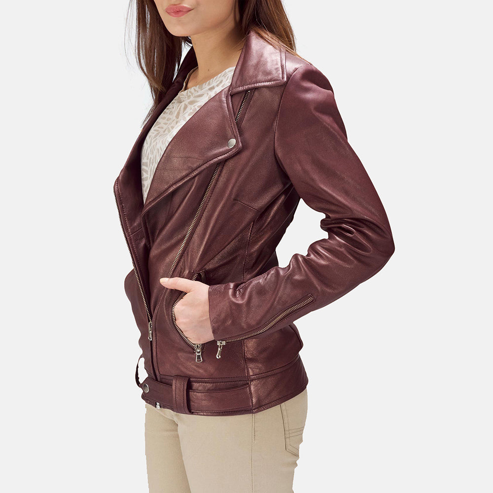 Elgin maroon sheepskin biker jacket for women, photo 3