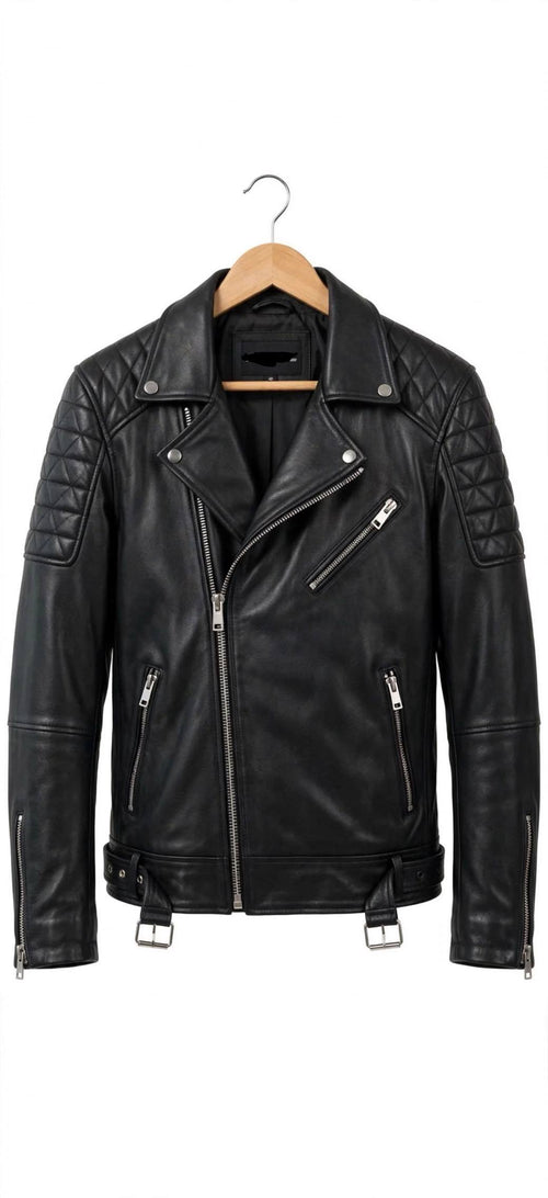 ARVO Black Diamond Quilted Biker Jacket Front View - Men's Lambskin Motorcycle Jacket with Asymmetrical Zip