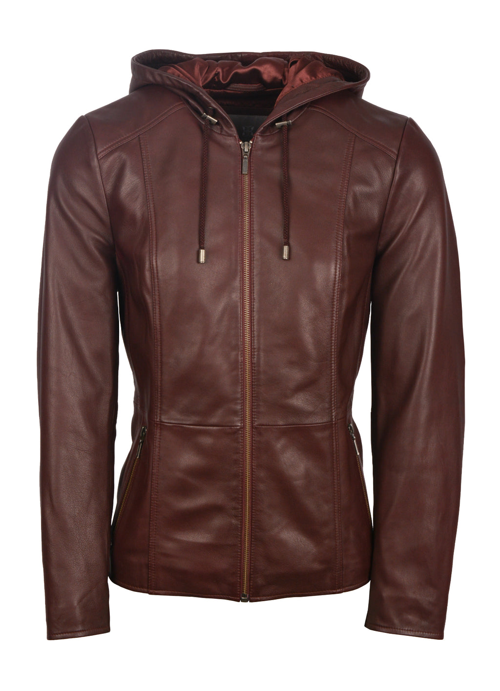 Portree maroon hooded sheepskin leather jacket for women