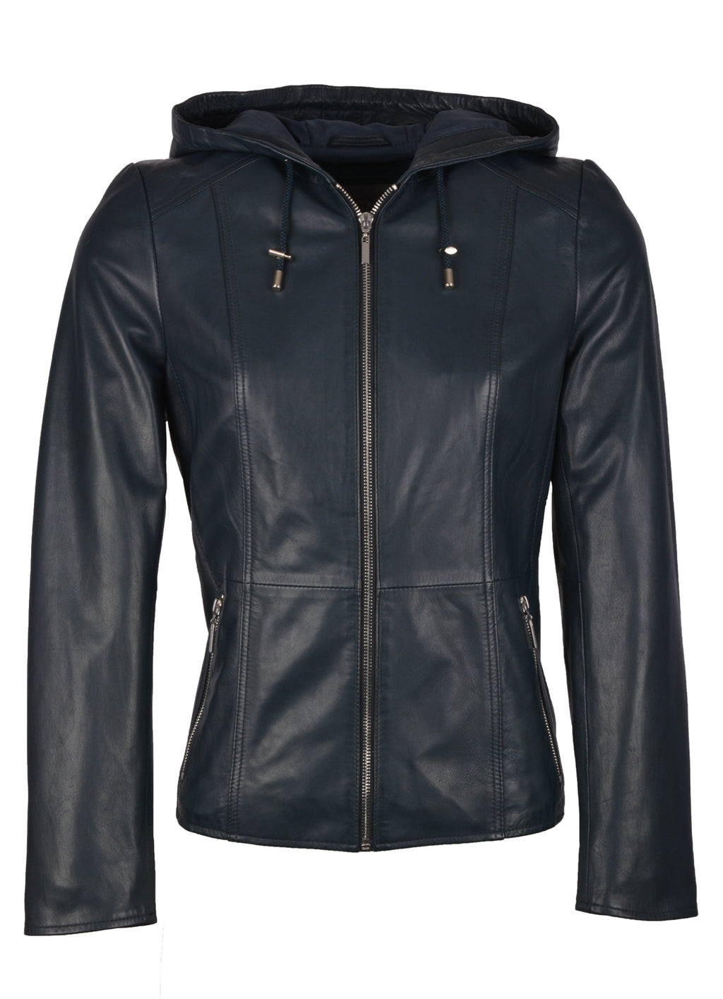 Saltcoats navy hooded sheepskin leather jacket for women