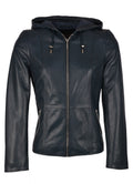 Saltcoats navy hooded sheepskin leather jacket for women