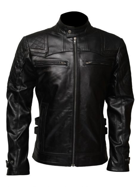Men's Affliction black sheepskin leather jacket with stand collar