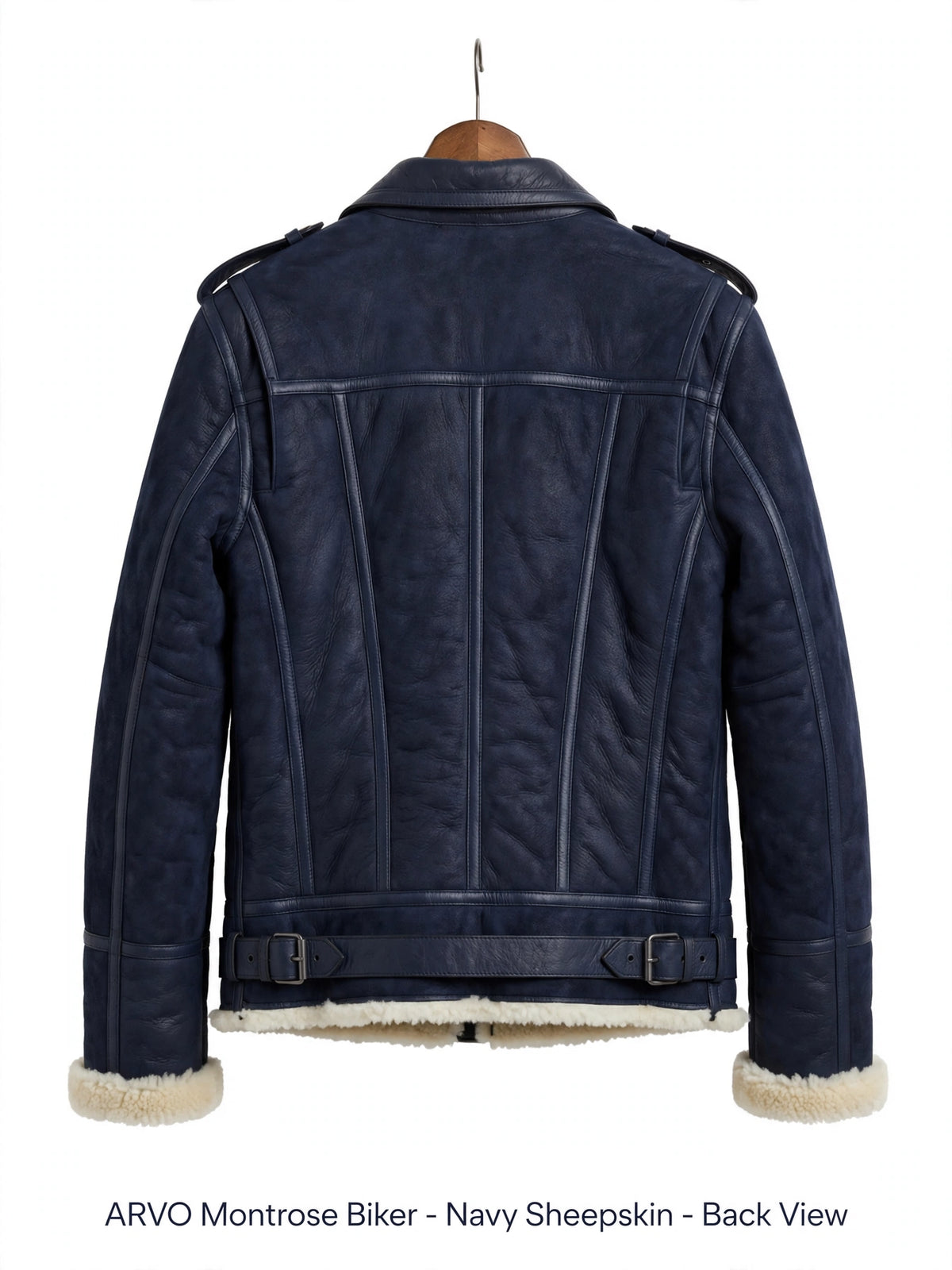 ARVO Montrose Biker - Navy Sheepskin - Back View - Belted Shearling Lined Moto Jacket