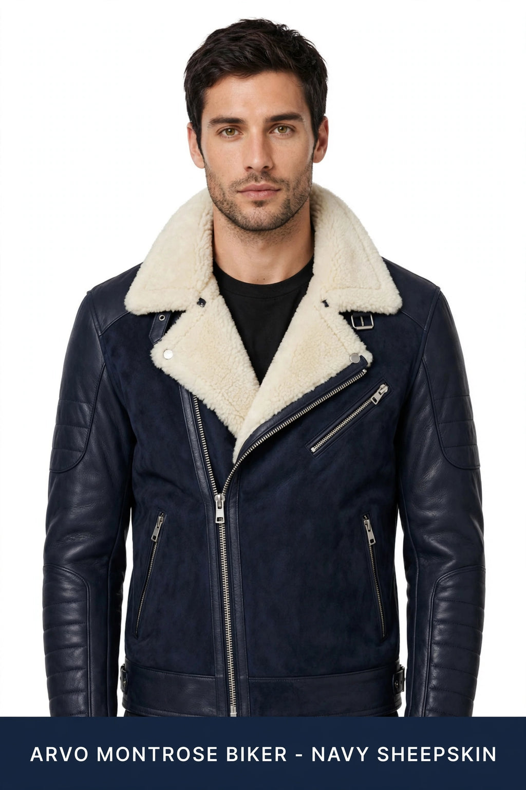 ARVO Montrose Biker - Navy Sheepskin - Front View - Men's Navy Motorcycle Jacket