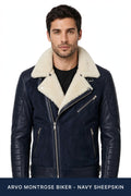 ARVO Montrose Biker - Navy Sheepskin - Front View - Men's Navy Motorcycle Jacket