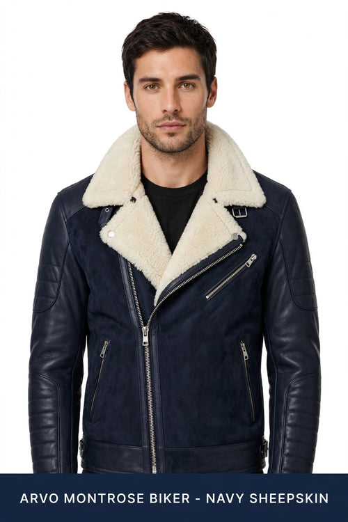 ARVO Montrose Biker - Navy Sheepskin - Front View - Men's Navy Motorcycle Jacket