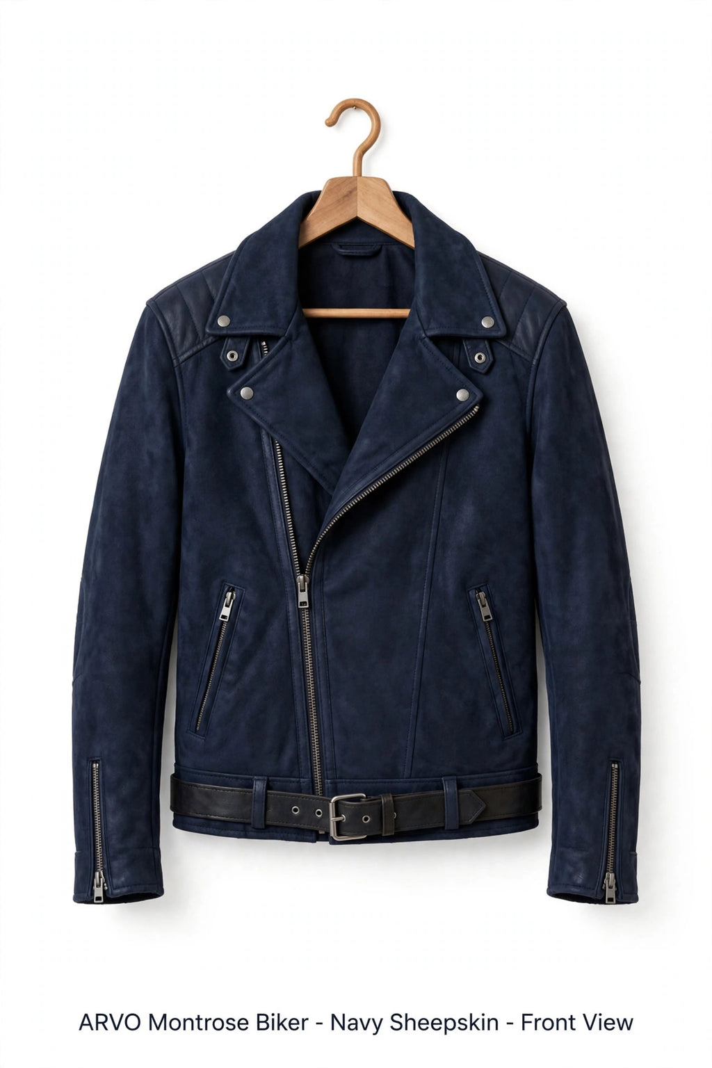 ARVO Montrose Biker - Navy Sheepskin - Front View - Men's Navy Motorcycle Jacket