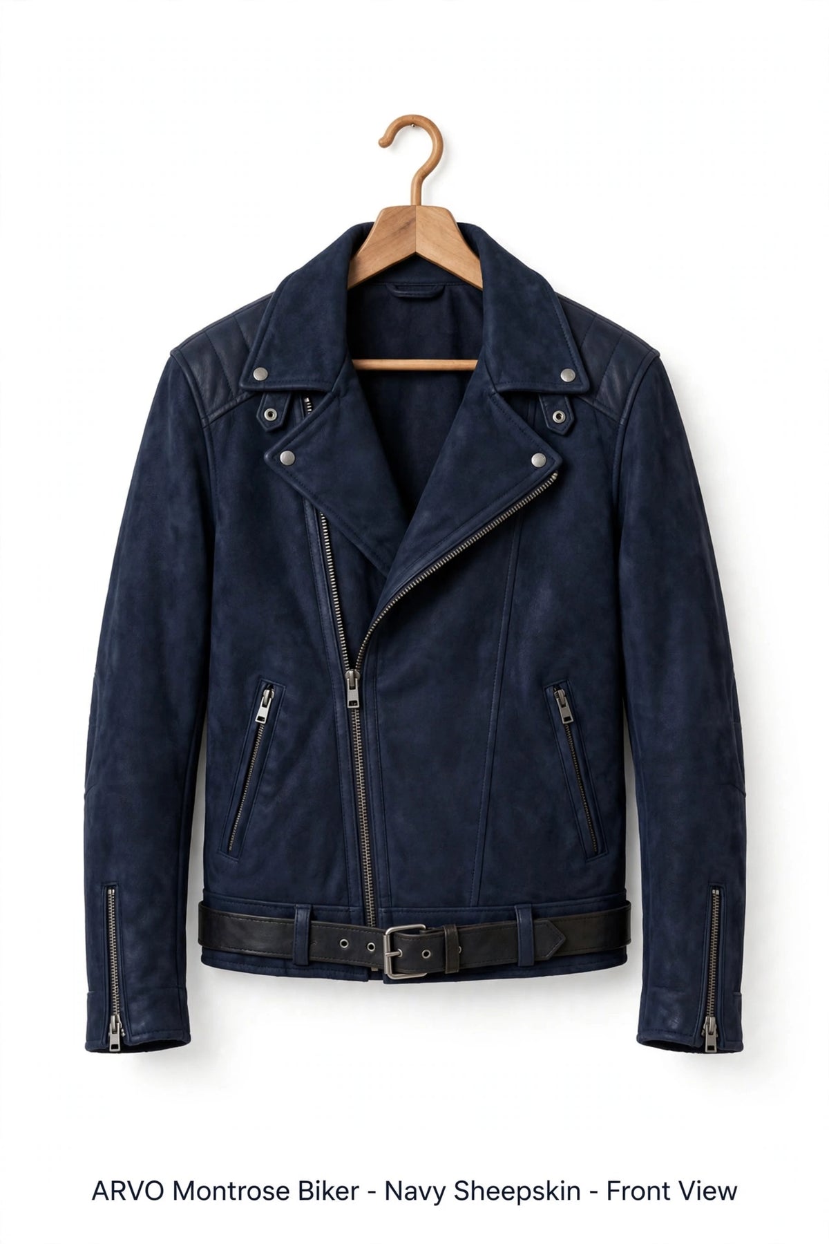 ARVO Montrose Biker - Navy Sheepskin - Front View - Men's Navy Motorcycle Jacket