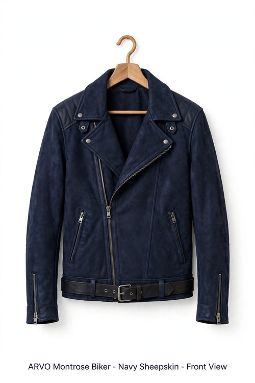 ARVO Montrose Biker - Navy Sheepskin - Front View - Men's Navy Motorcycle Jacket