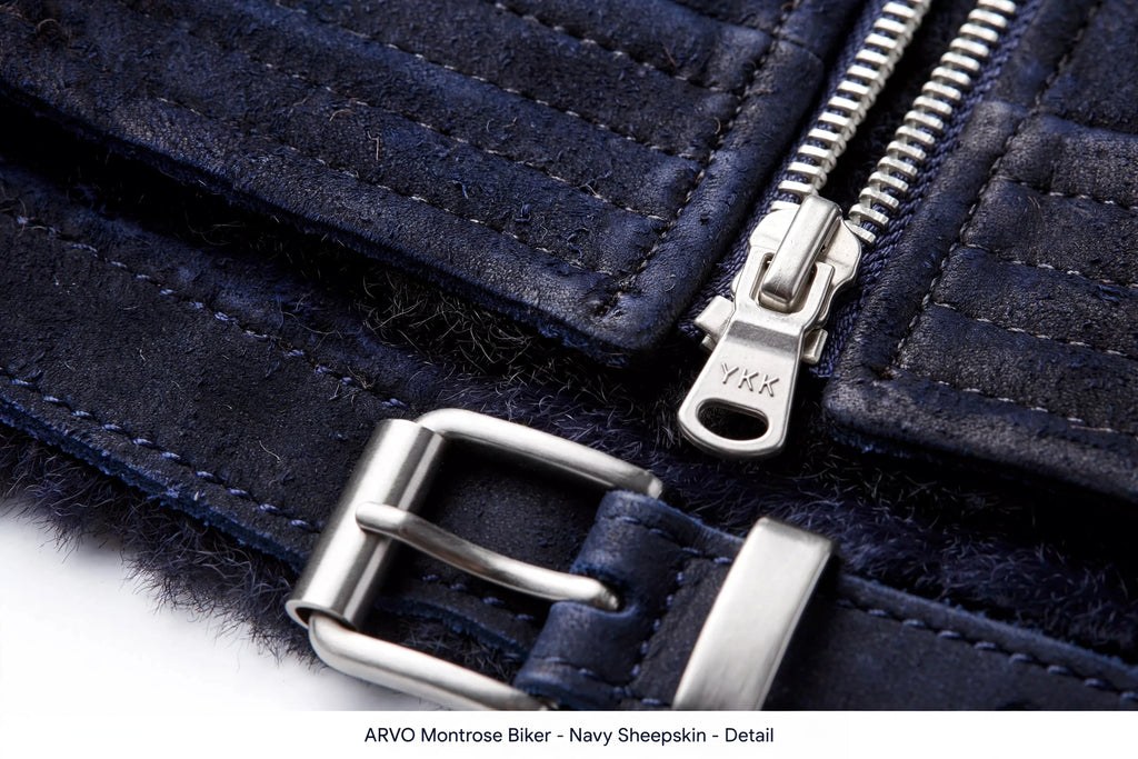 ARVO Montrose Biker - Navy Sheepskin - Detail - YKK Zipper and Hardware