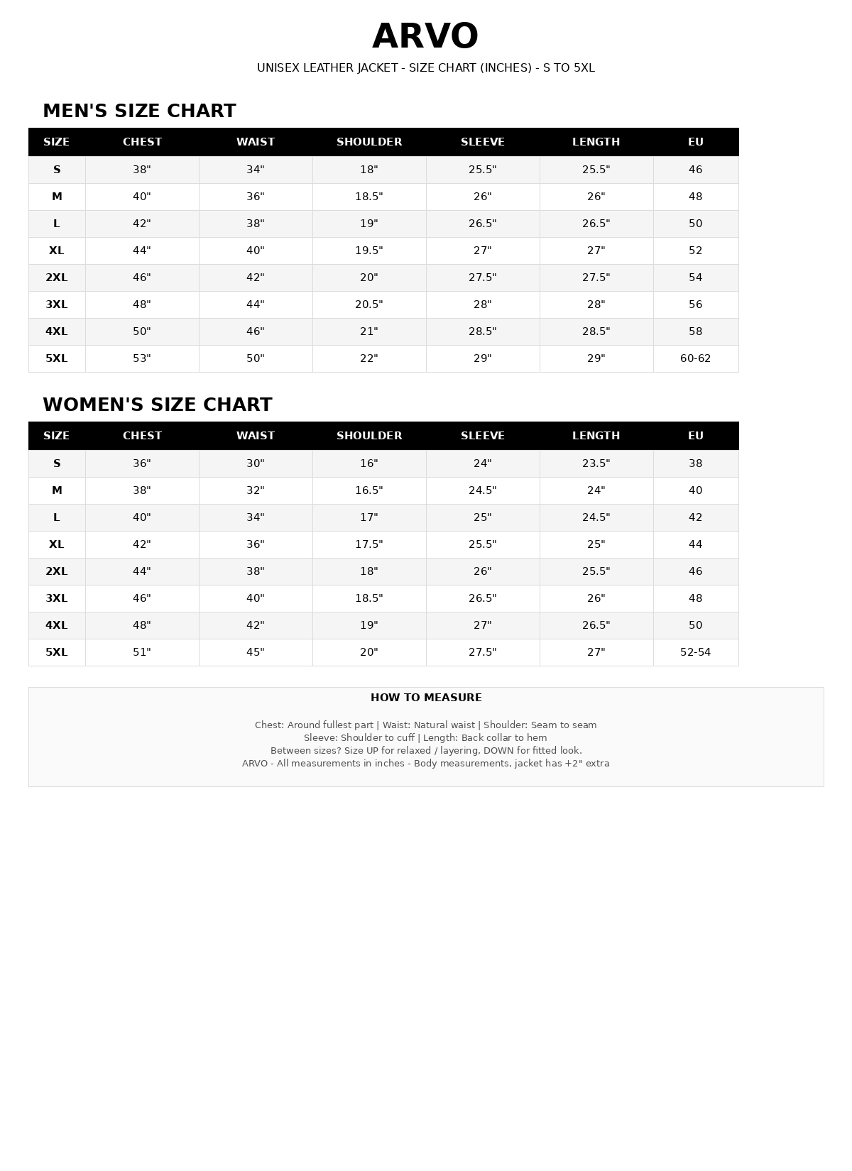 Arvo Jacket size chart for men's and women's leather jackets, sizes S to 5XL