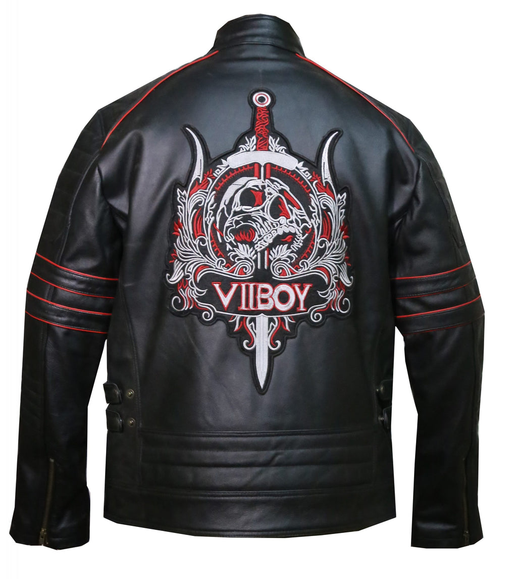Men's VII BOY black leather biker jacket with padded shoulders