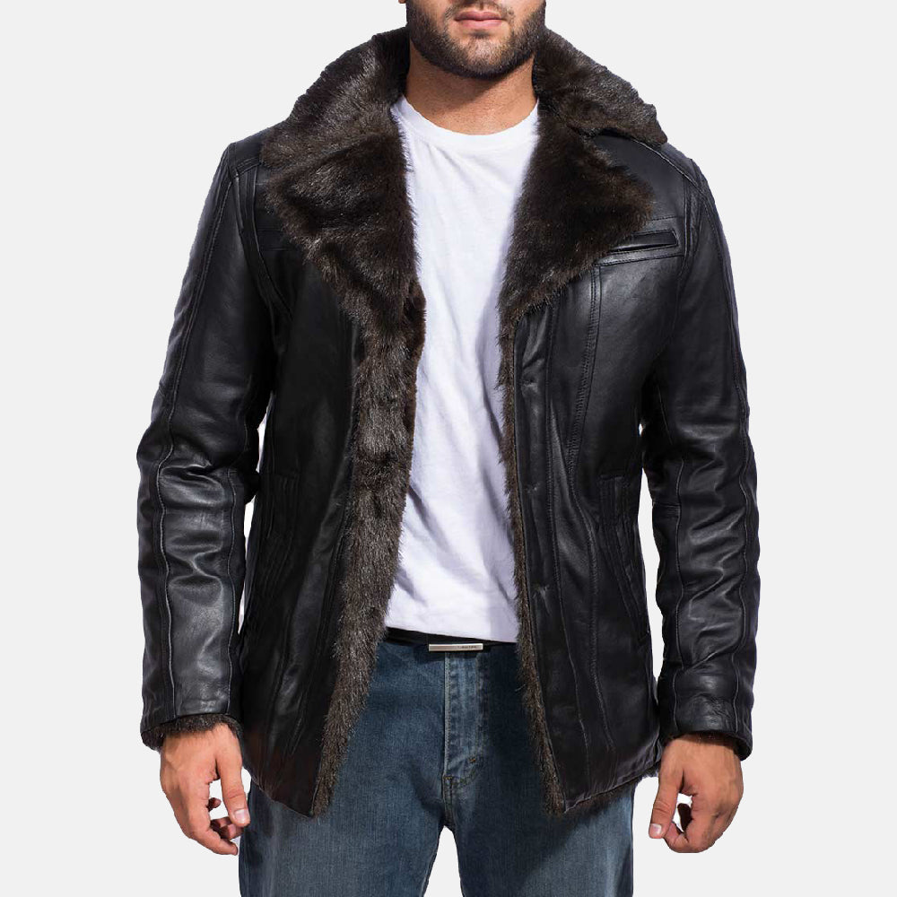 Alcester black sheepskin leather jacket for men with faux fur lining
