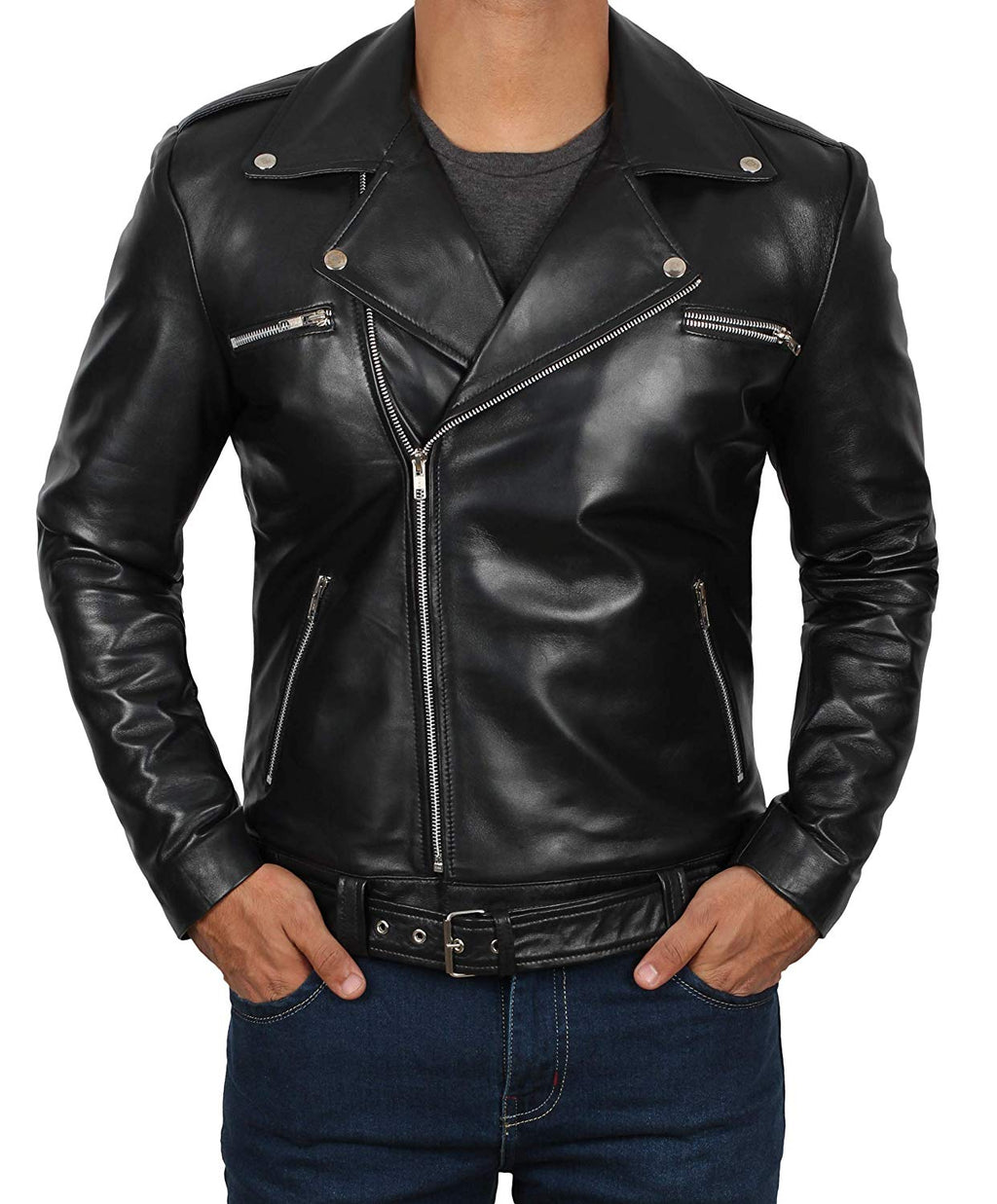 Brandon Flowers black sheepskin leather biker jacket for men