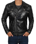 Brandon Flowers black sheepskin leather biker jacket for men