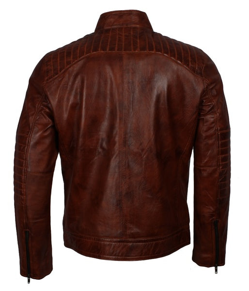 Men's distressed brown sheepskin cafe racer jacket, photo 2