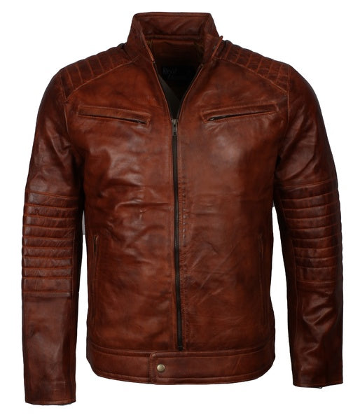 Men's distressed brown sheepskin cafe racer jacket