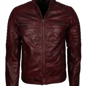 Men's distressed maroon vintage cafe racer leather jacket