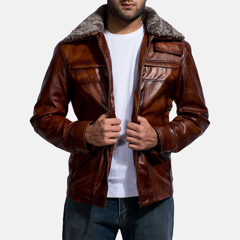 Acton brown sheepskin aviator leather jacket for men