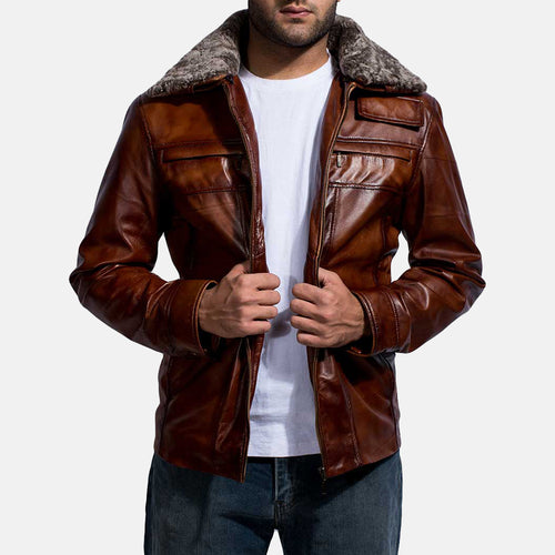 Acton brown sheepskin aviator leather jacket for men