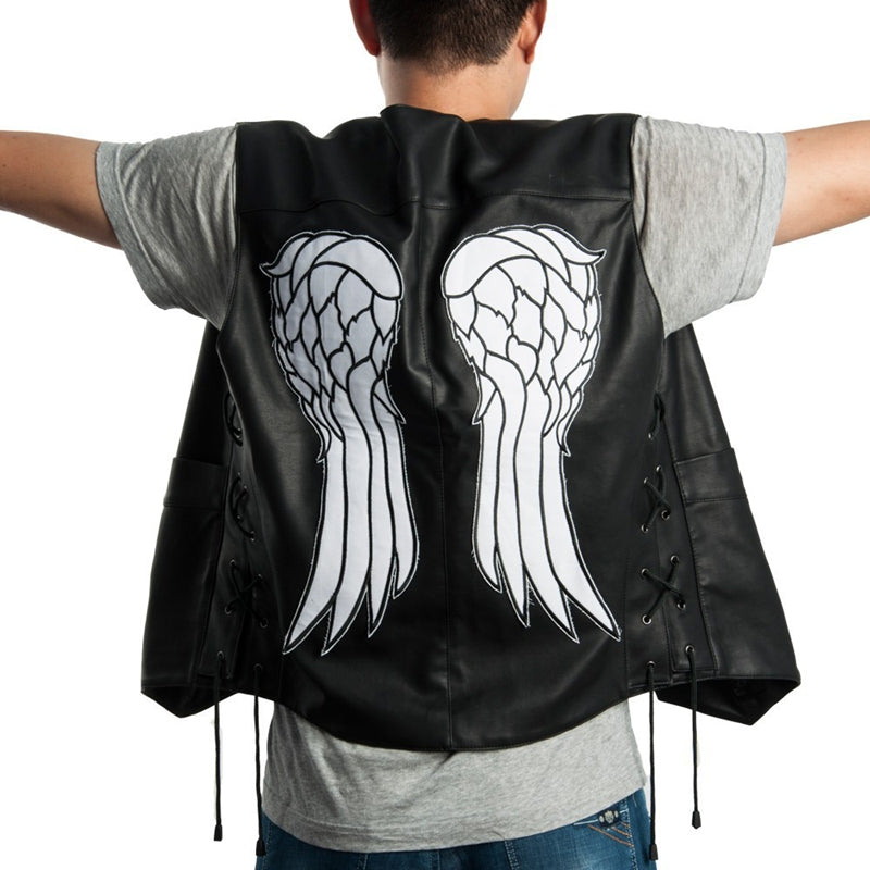 Daryl Dixon black faux leather vest for men with angel wings patch