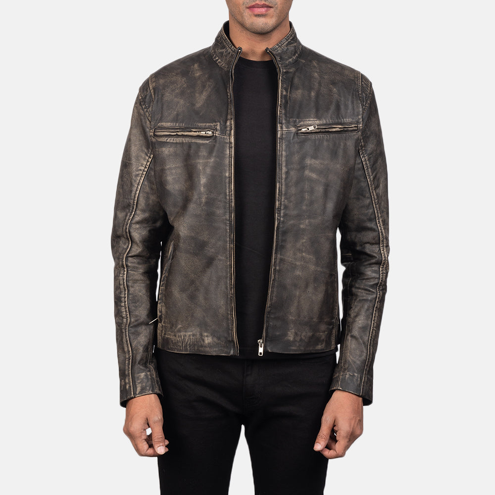 Men's distressed brown sheepskin leather jacket with band collar