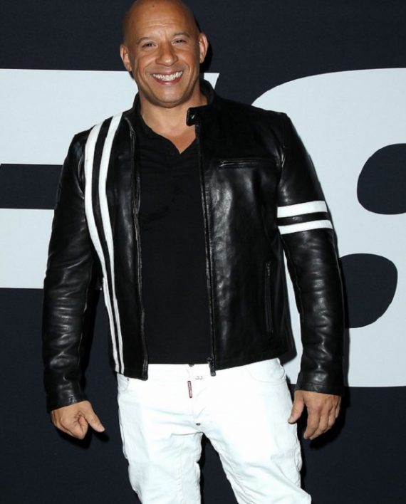 Vin Diesel black sheepskin leather jacket for men with white sleeve stripes